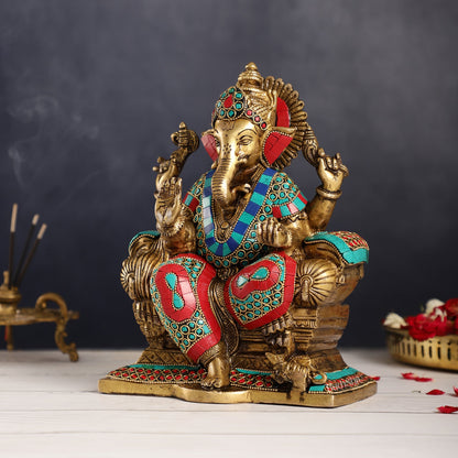 Ganesha on a sofa embossed brass idol 9 inch - Budhshiv.com