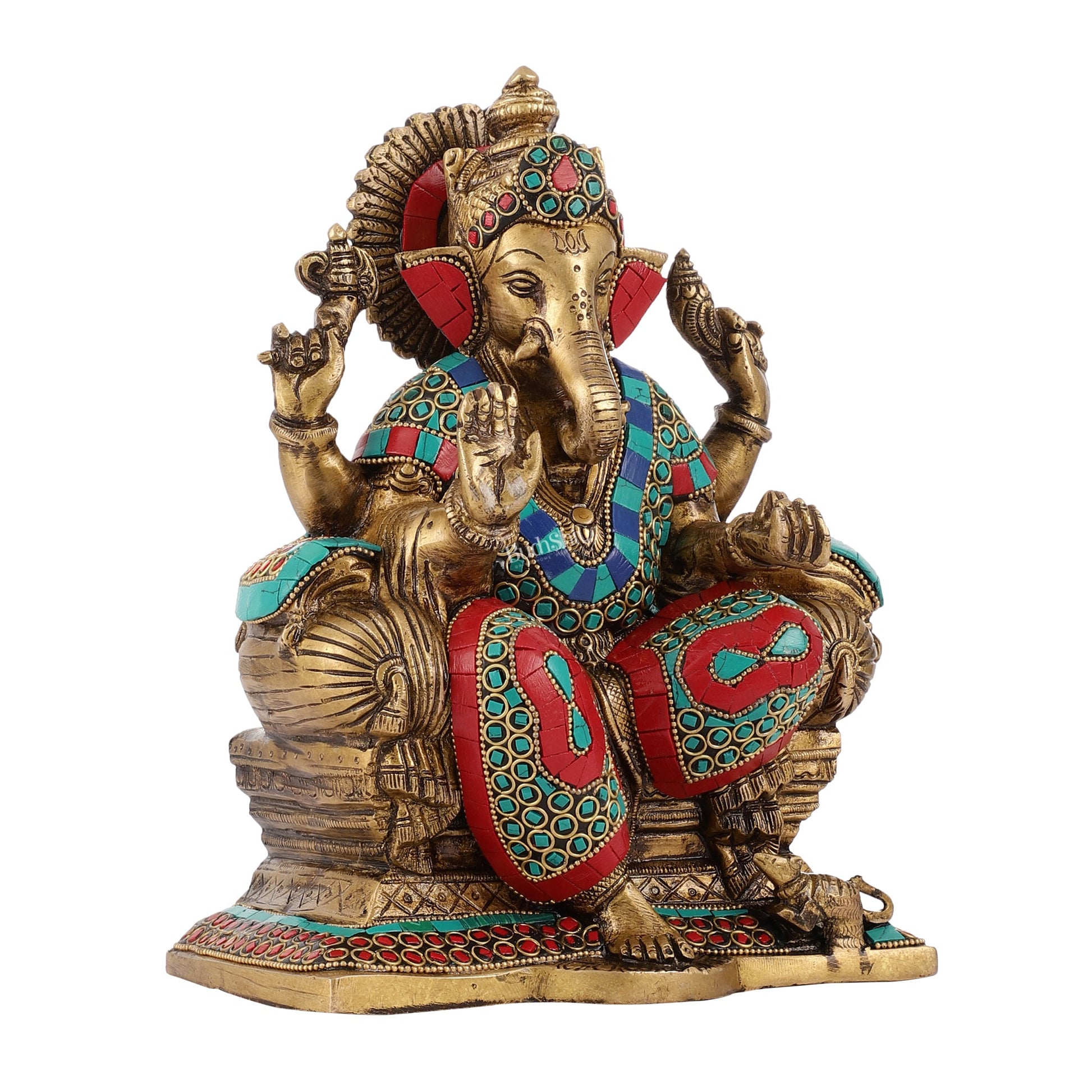 Ganesha on a sofa embossed brass idol 9 inch - Budhshiv.com