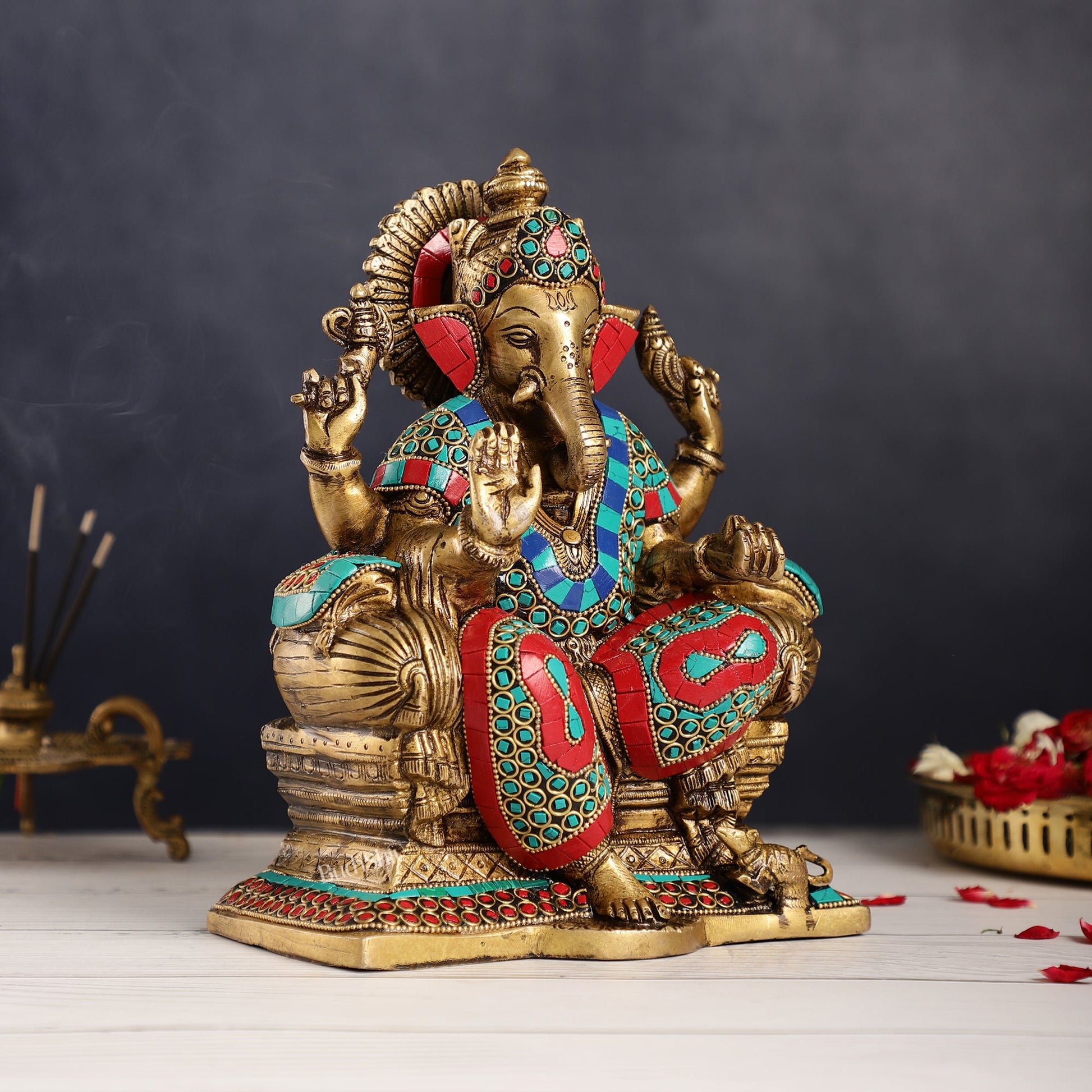 Ganesha on a sofa embossed brass idol 9 inch - Budhshiv.com