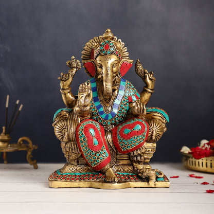 Ganesha on a sofa embossed brass idol 9 inch - Budhshiv.com