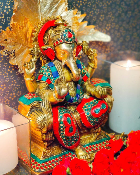 Ganesha on a sofa embossed brass idol | suitable for office desk/study table/ temple - Budhshiv.com