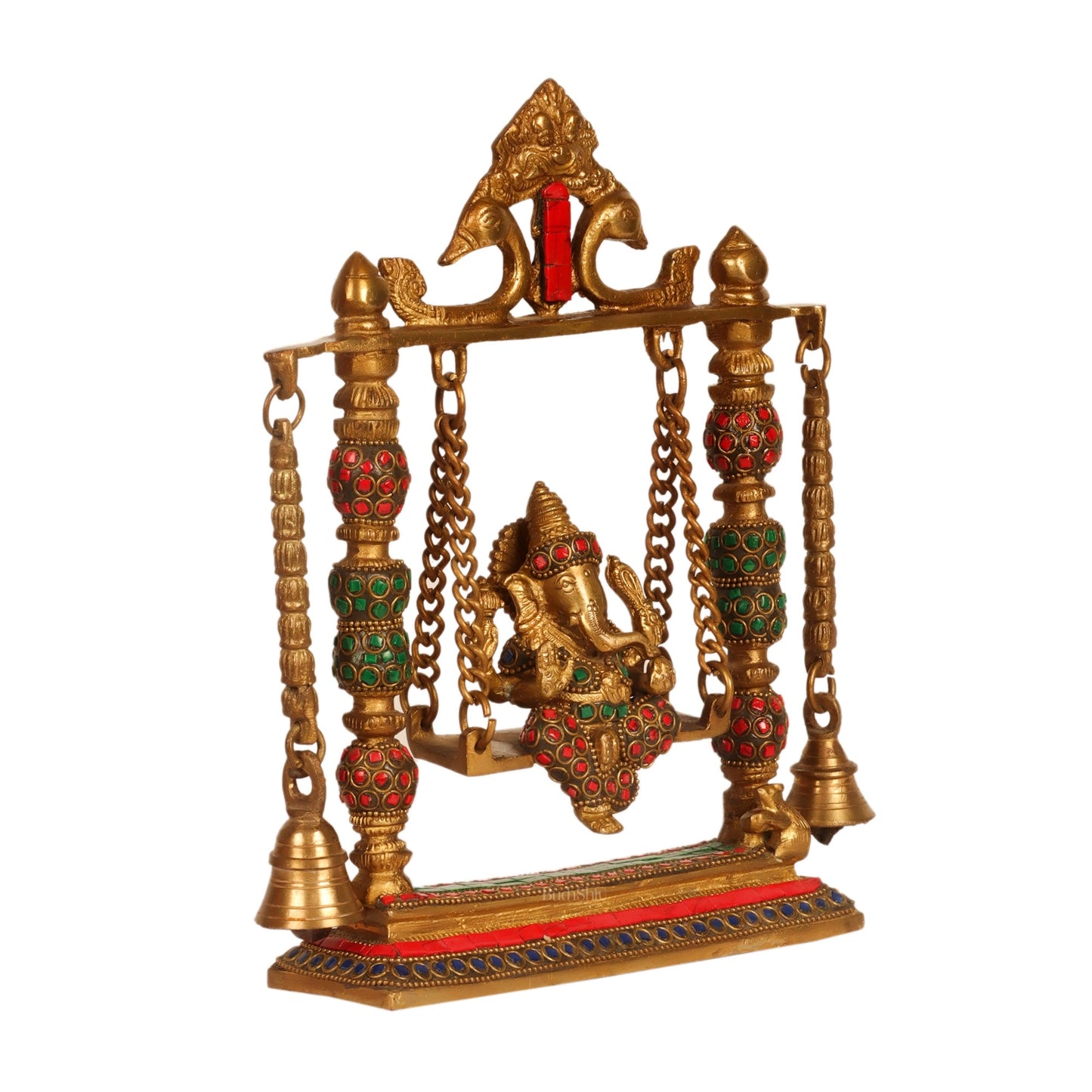 Ganesha on a swing pure brass with meenakari stonework - Budhshiv.com