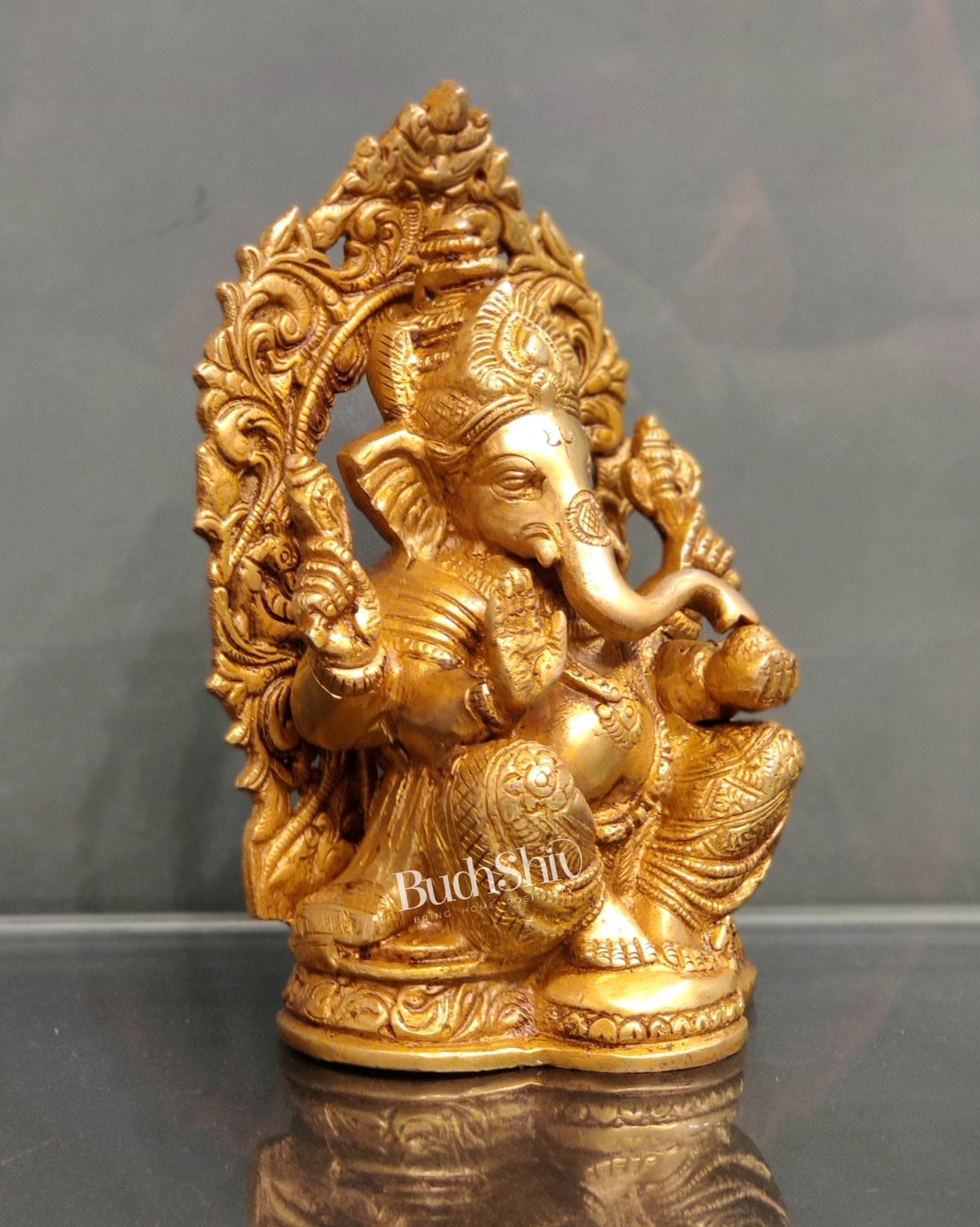 Ganesha on a throne brass idol 7 inch - Budhshiv.com