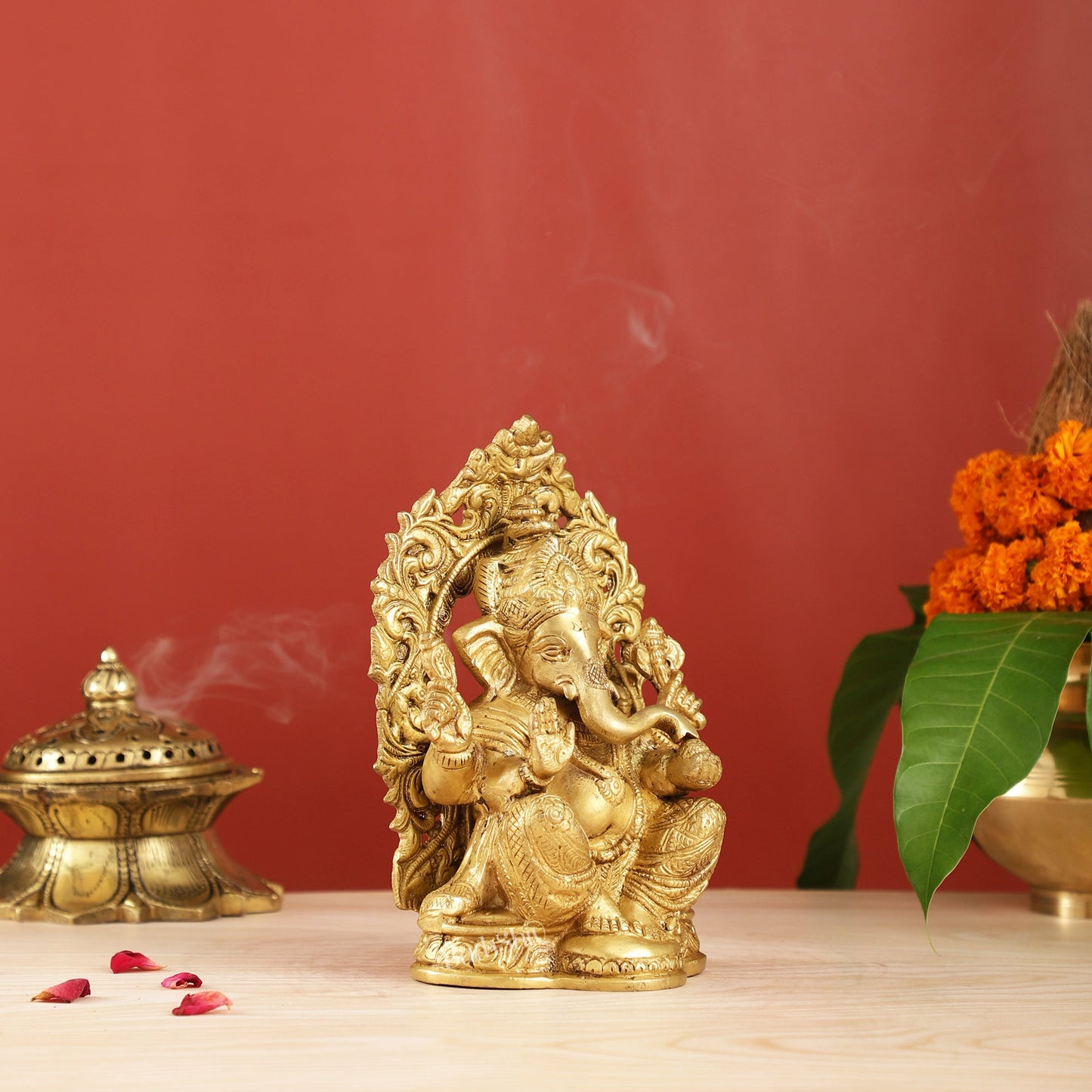 Ganesha on a throne brass idol 7 inch - Budhshiv.com