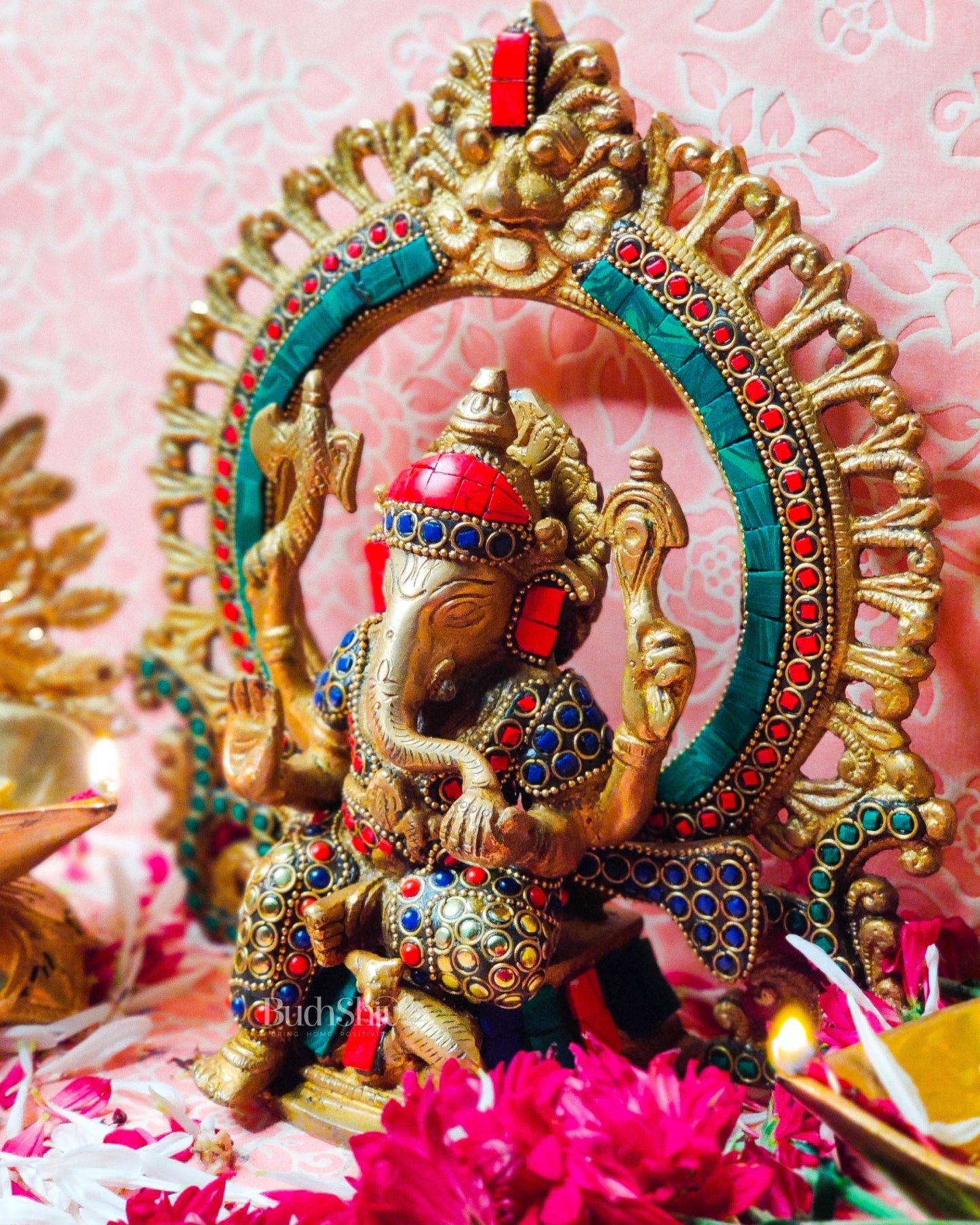 Ganesha on a throne with prabhavali embossed brass idol | suitable for office desk/study table/ temple - Budhshiv.com