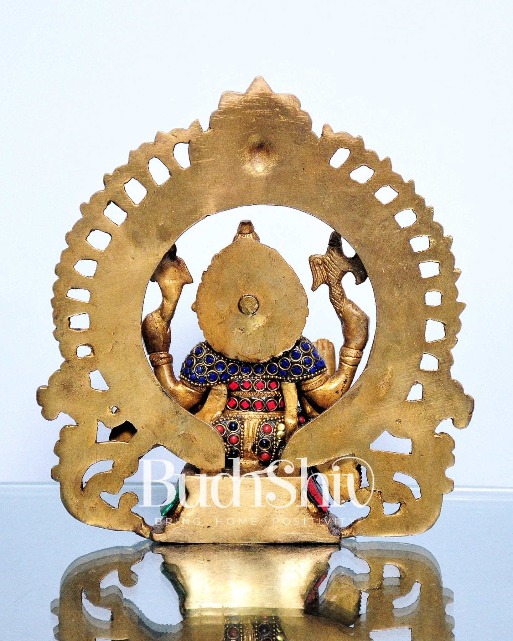 Ganesha on a throne with prabhavali embossed brass idol | suitable for office desk/study table/ temple - Budhshiv.com