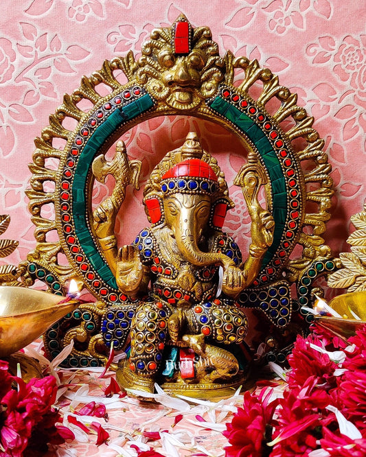 Ganesha on a throne with prabhavali embossed brass idol | suitable for office desk/study table/ temple - Budhshiv.com