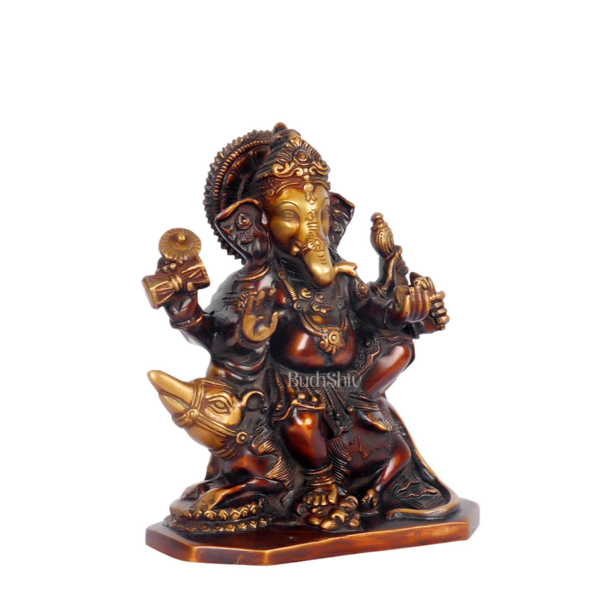 Ganesha on mooshak brass idol Chocolate finish 8" - Budhshiv.com