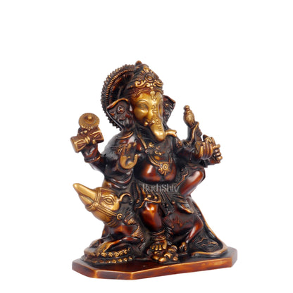 Ganesha on mooshak brass idol Chocolate finish 8" - Budhshiv.com