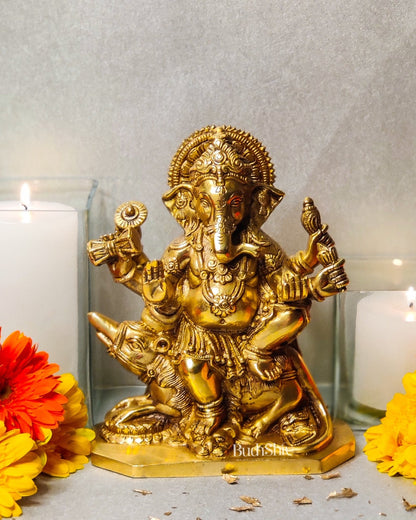 Ganesha on mooshak brass idol golden finish | suitable for office desk/study table/ temple - Budhshiv.com