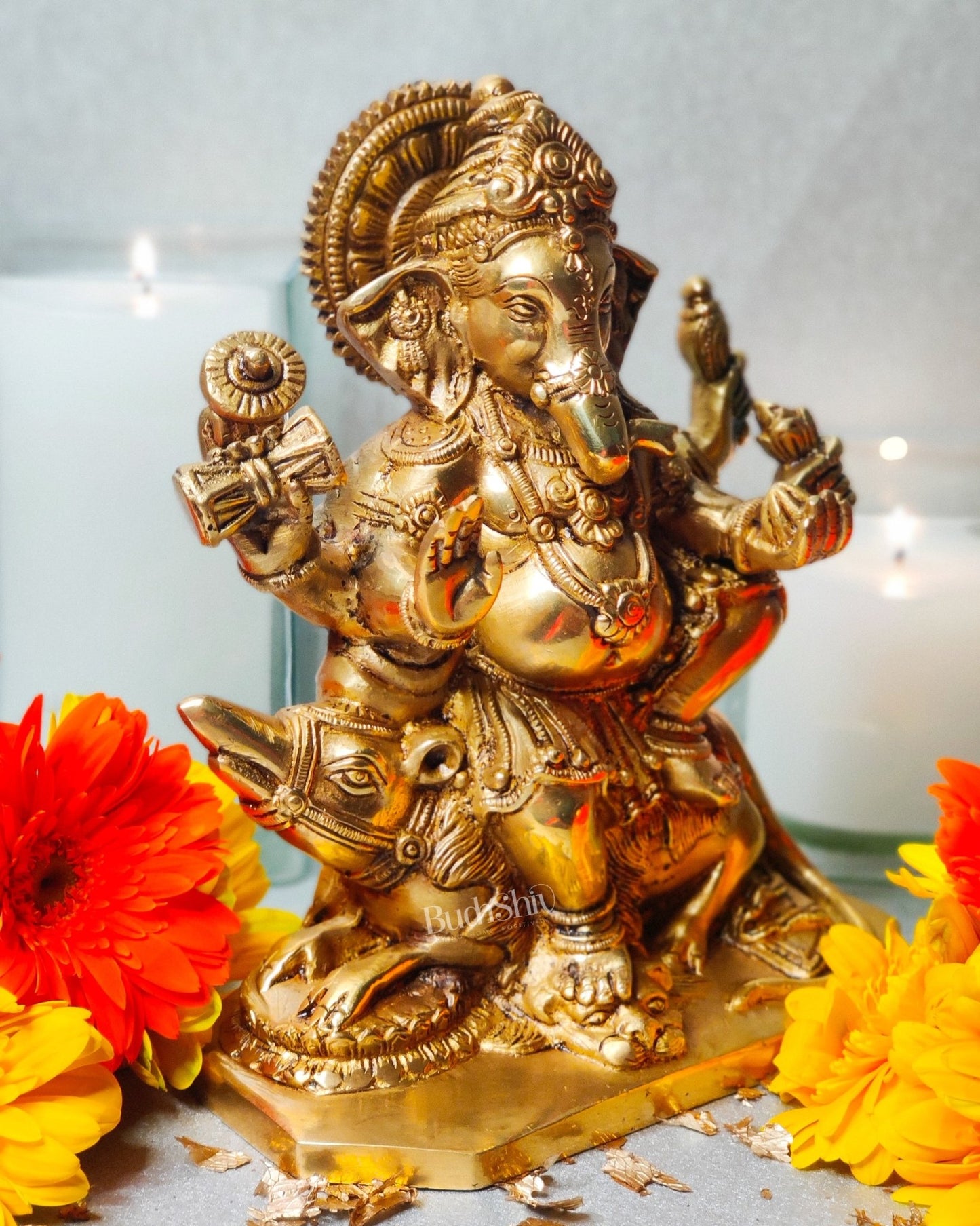 Ganesha on mooshak brass idol golden finish | suitable for office desk/study table/ temple - Budhshiv.com