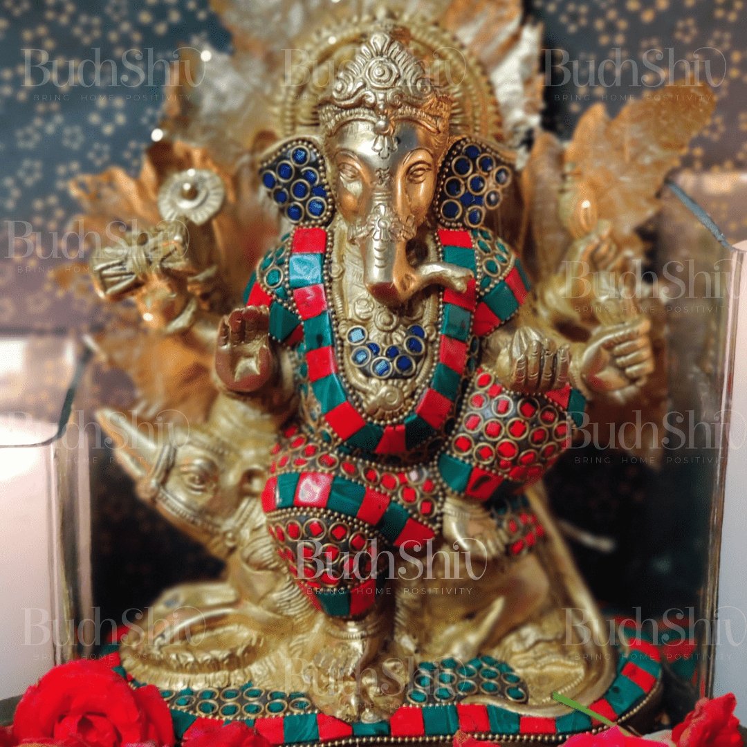 Ganesha on mooshak brass idol with meenakari stonework | suitablee for office desk/study table/ temple - Budhshiv.com