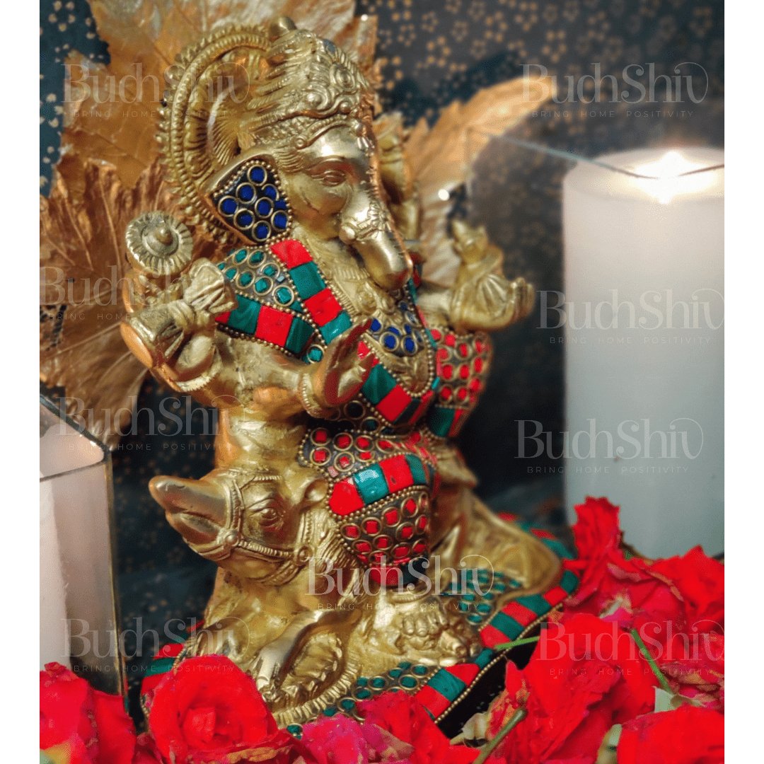 Ganesha on mooshak brass idol with meenakari stonework | suitablee for office desk/study table/ temple - Budhshiv.com