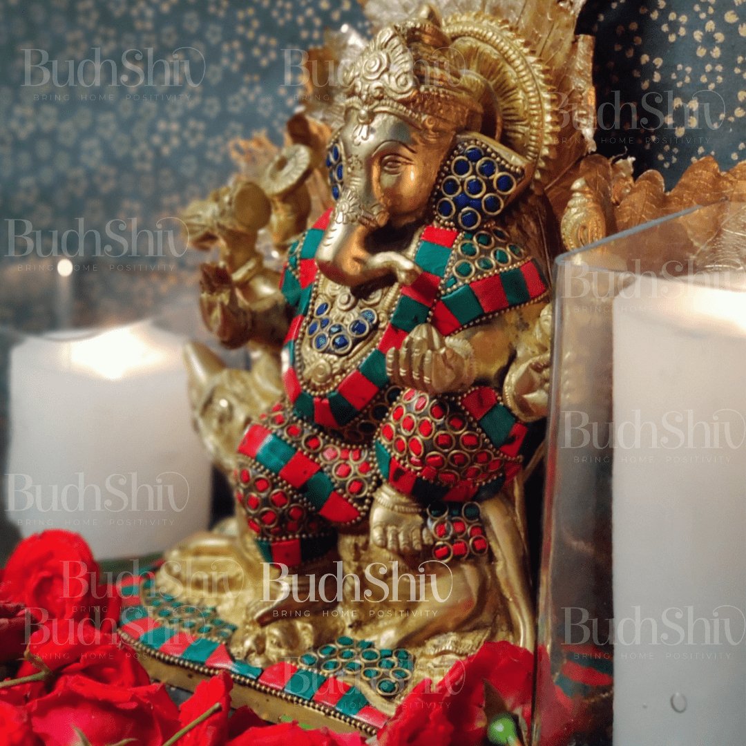 Ganesha on mooshak brass idol with meenakari stonework | suitablee for office desk/study table/ temple - Budhshiv.com