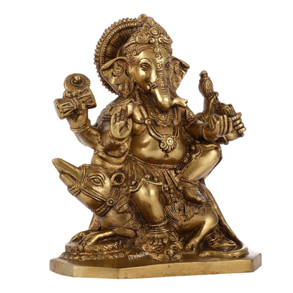 Ganesha on mouse brass idol golden finish 8 inch - Budhshiv.com