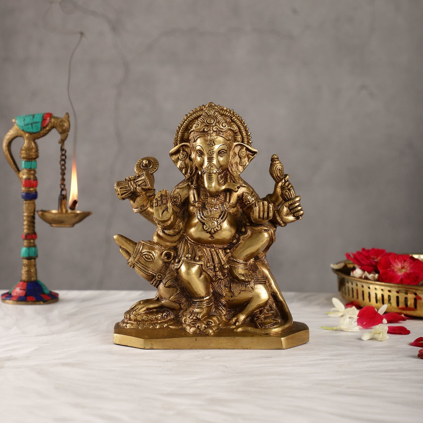 Ganesha on mouse brass idol golden finish 8 inch - Budhshiv.com