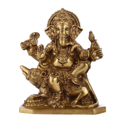 Ganesha on mouse brass idol golden finish 8 inch - Budhshiv.com