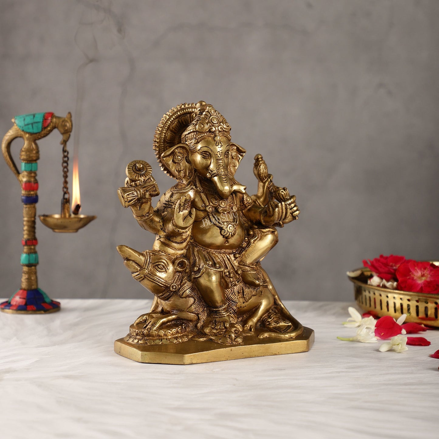 Ganesha on mouse brass idol golden finish 8 inch - Budhshiv.com