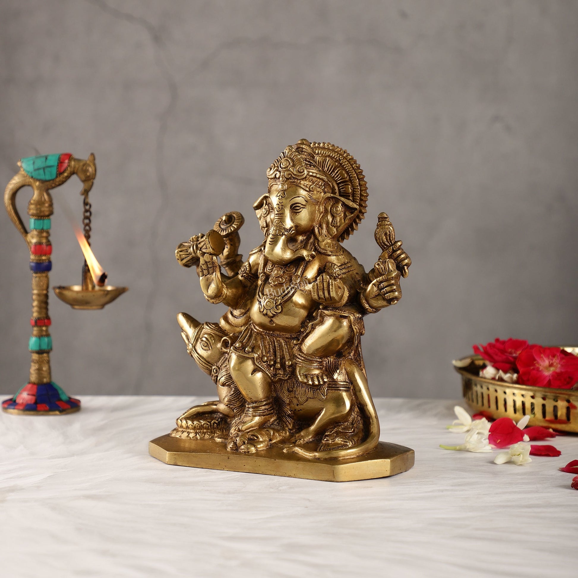 Ganesha on mouse brass idol golden finish 8 inch - Budhshiv.com