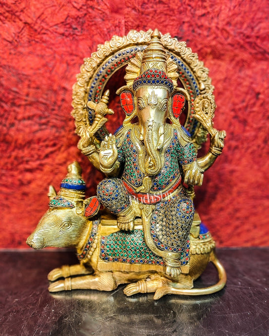 Ganesha on mouse brass statue 16 inches - Budhshiv.com