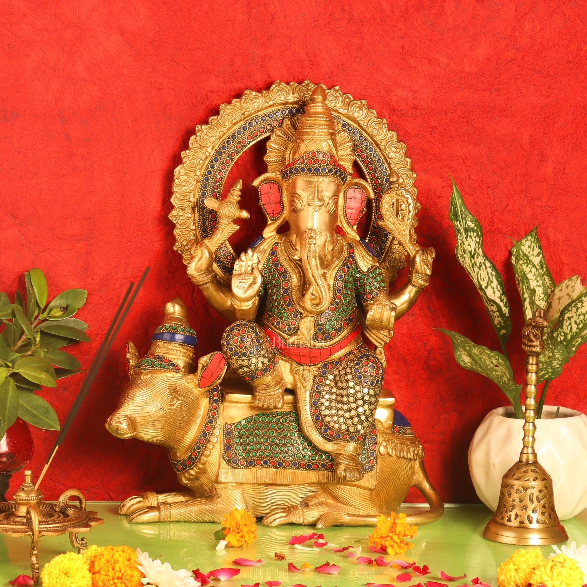 Ganesha on mouse brass statue 16 inches - Budhshiv.com