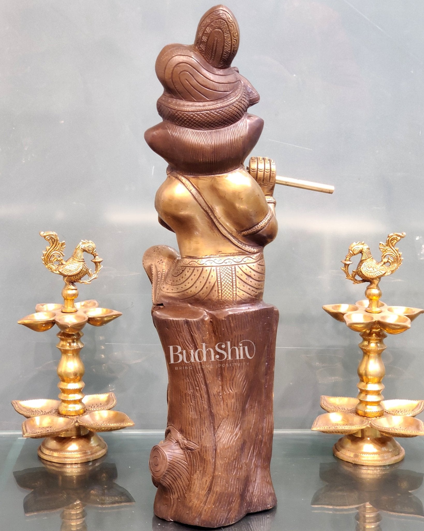 Ganesha playing the flute Brass Statue 21" - Budhshiv.com