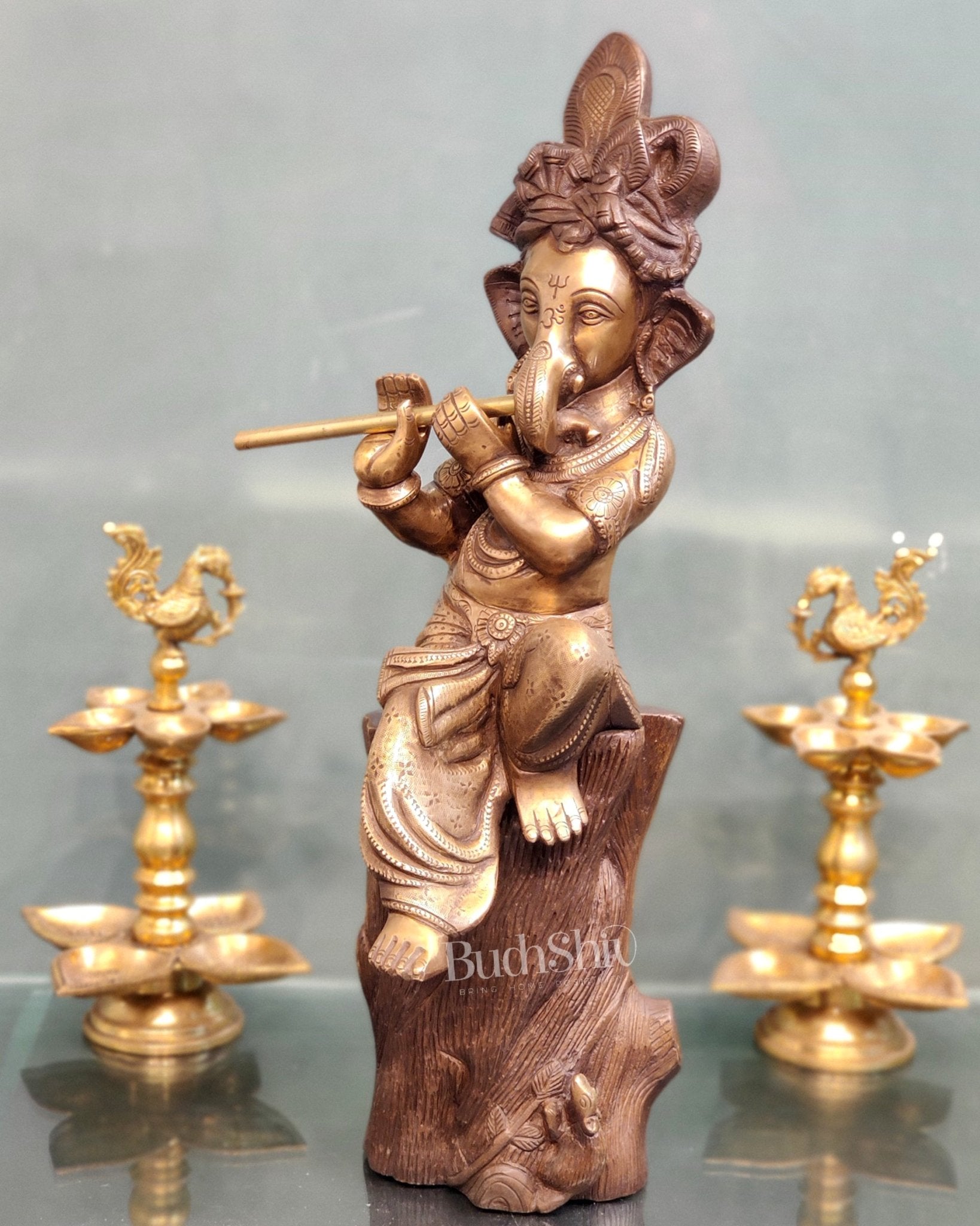 Ganesha playing the flute Brass Statue 21" - Budhshiv.com