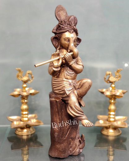 Ganesha playing the flute Brass Statue 21" - Budhshiv.com