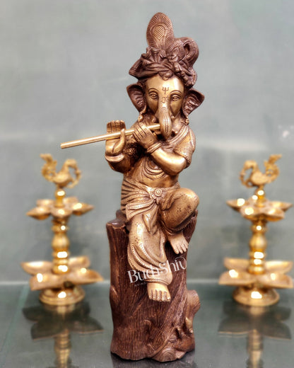 Ganesha playing the flute Brass Statue 21" - Budhshiv.com