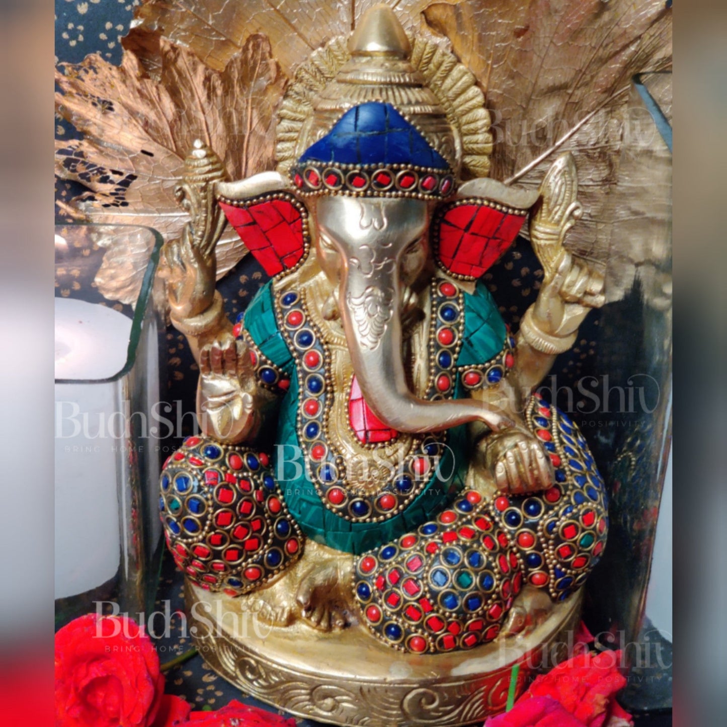 Ganesha Relaxing on sofa brass idol with meenakari stonework | suitable for office desk/study table/ temple - Budhshiv.com
