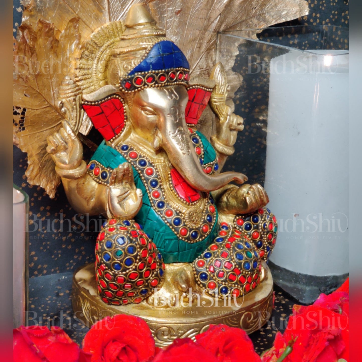 Ganesha Relaxing on sofa brass idol with meenakari stonework | suitable for office desk/study table/ temple - Budhshiv.com