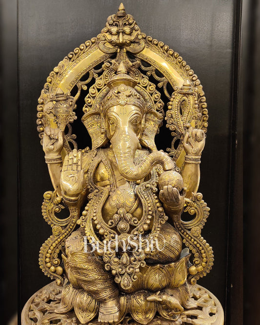 Ganesha Seated on a lotus throne with Prabhavali 26 inch - Budhshiv.com