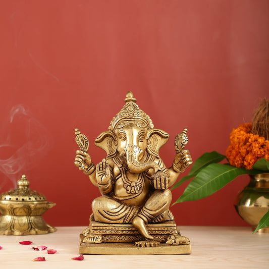 Ganesha superfine Brass statue fully engraved 9.5 inch - Budhshiv.com