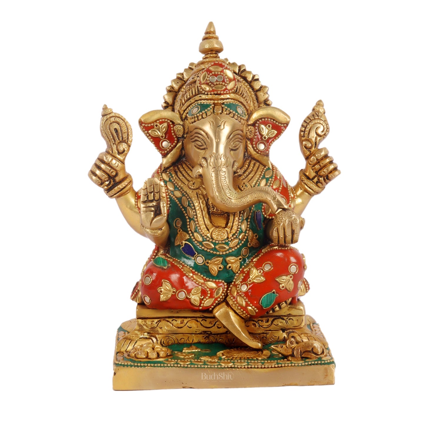Ganesha superfine Brass statue fully engraved with mouse 8 inch with stonework - Budhshiv.com
