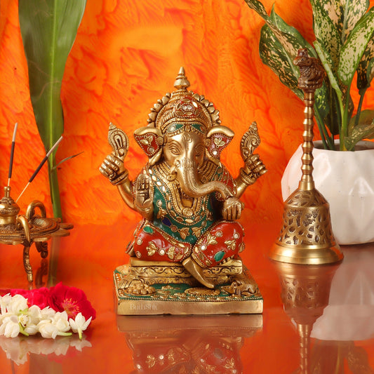 Ganesha superfine Brass statue fully engraved with mouse 8 inch with stonework - Budhshiv.com