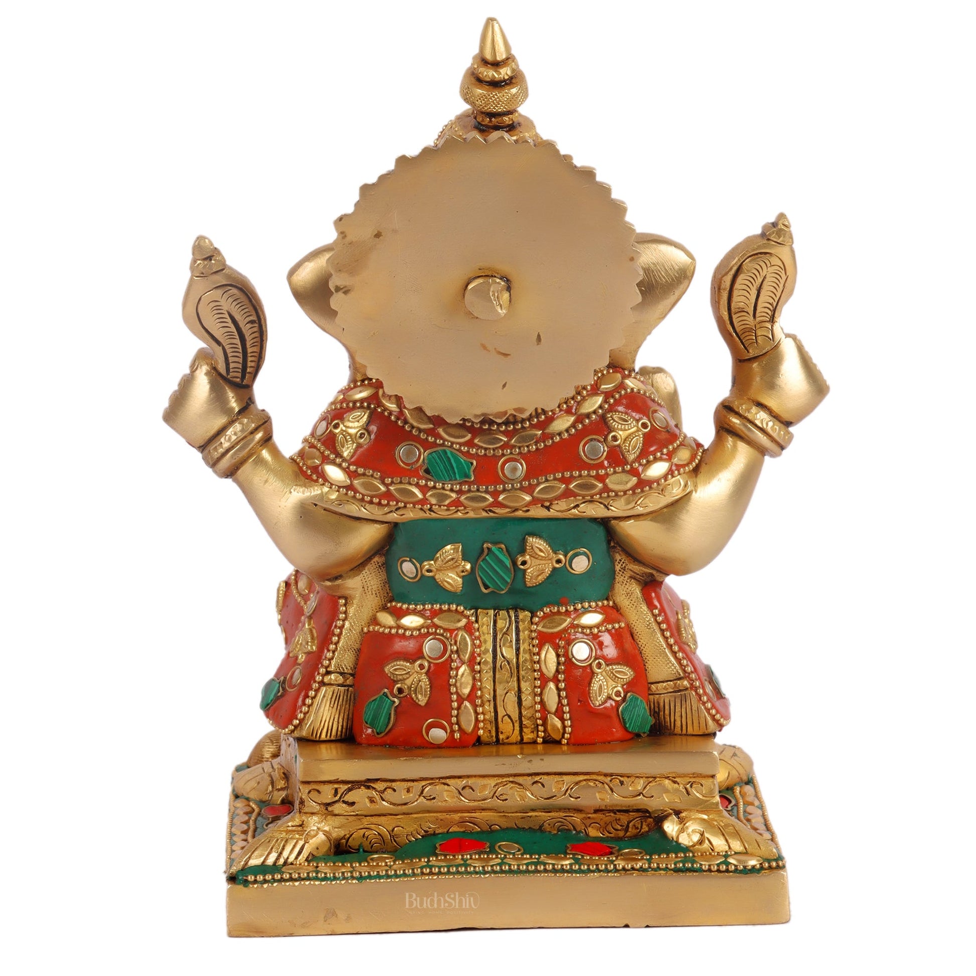 Ganesha superfine Brass statue fully engraved with mouse 8 inch with stonework - Budhshiv.com