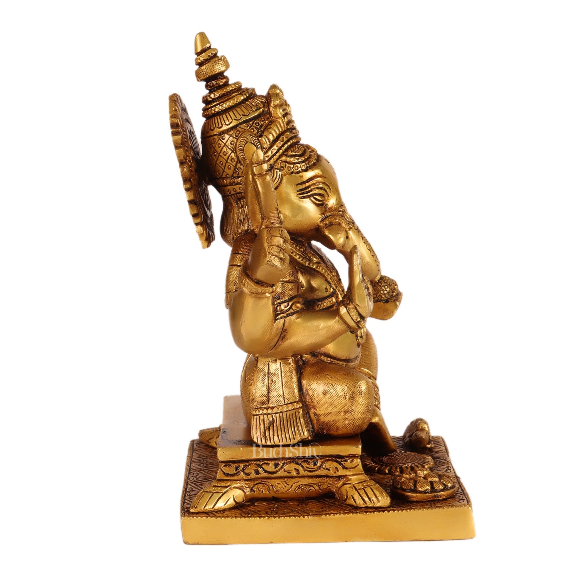 Ganesha superfine Brass statue fully engraved with mouse 8 inch - Budhshiv.com