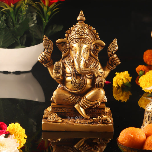 Ganesha superfine Brass statue fully engraved with mouse 8 inch - Budhshiv.com