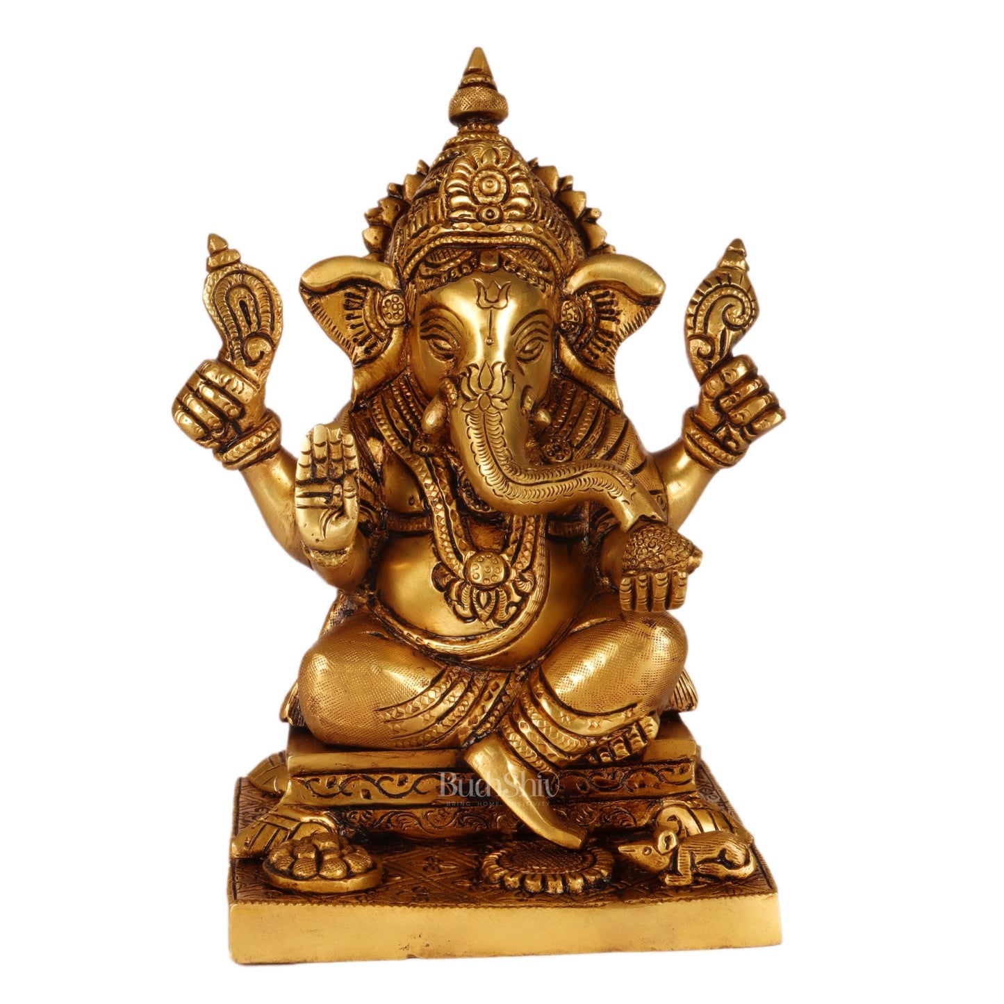 Ganesha superfine Brass statue fully engraved with mouse 8 inch - Budhshiv.com