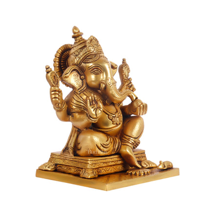 Ganesha superfine Brass statue fully engraved with mouse 9.5 inch - Budhshiv.com