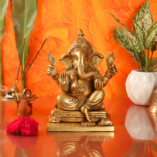 Ganesha superfine Brass statue fully engraved with mouse 9.5 inch - Budhshiv.com