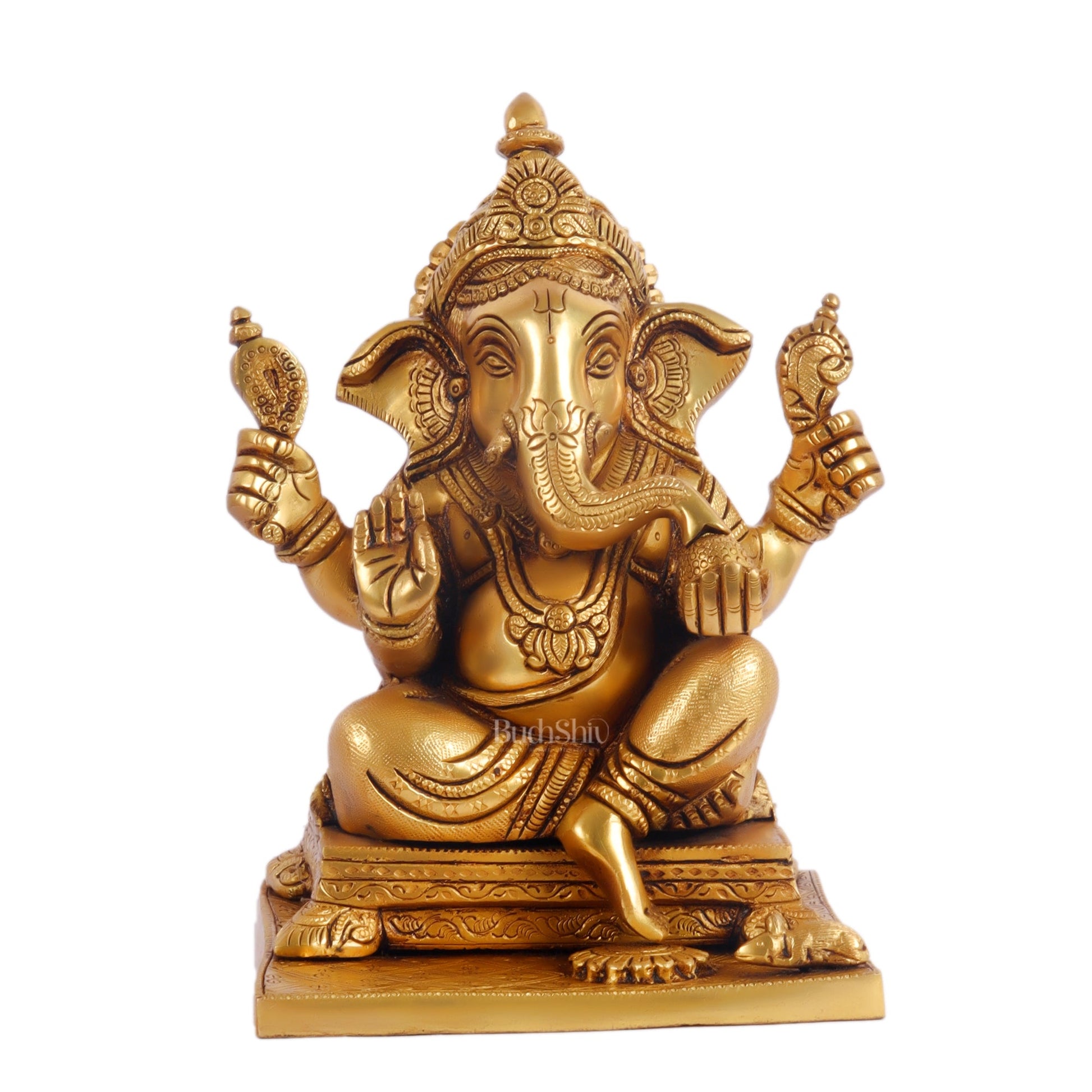 Ganesha superfine Brass statue fully engraved with mouse 9.5 inch - Budhshiv.com