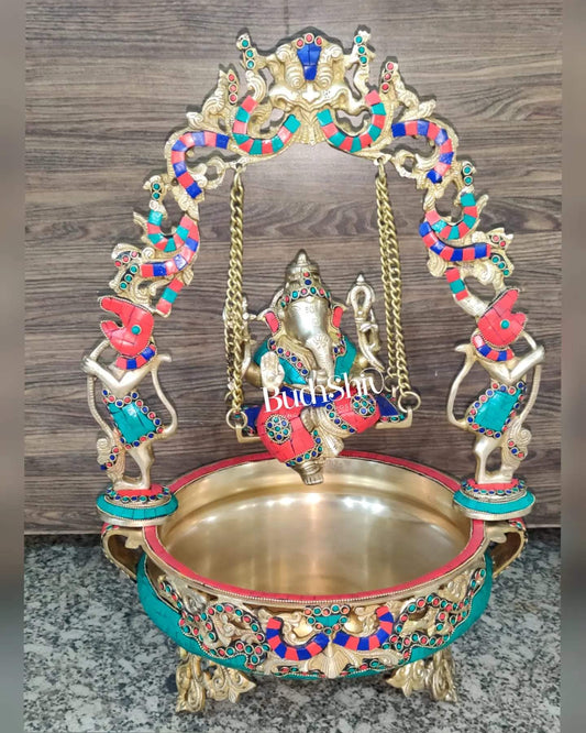 Ganesha Swing Brass Urli large - Budhshiv.com