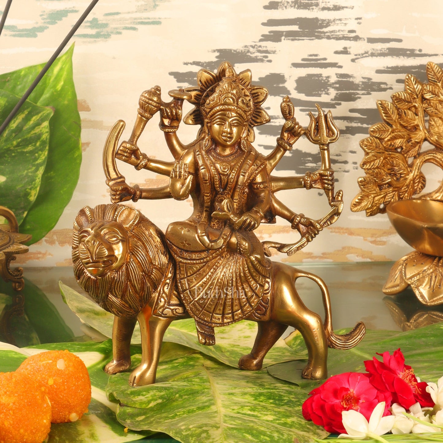 Goddess Durga brass idol with 8 arms sitting on lion golden - Budhshiv.com