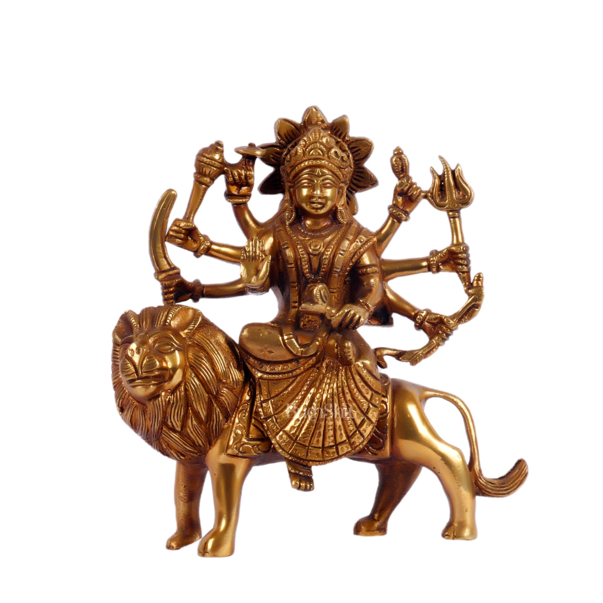 Goddess Durga brass idol with 8 arms sitting on lion golden - Budhshiv.com