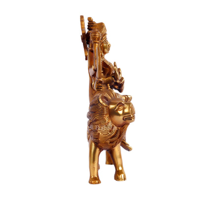 Goddess Durga brass idol with 8 arms sitting on lion golden - Budhshiv.com