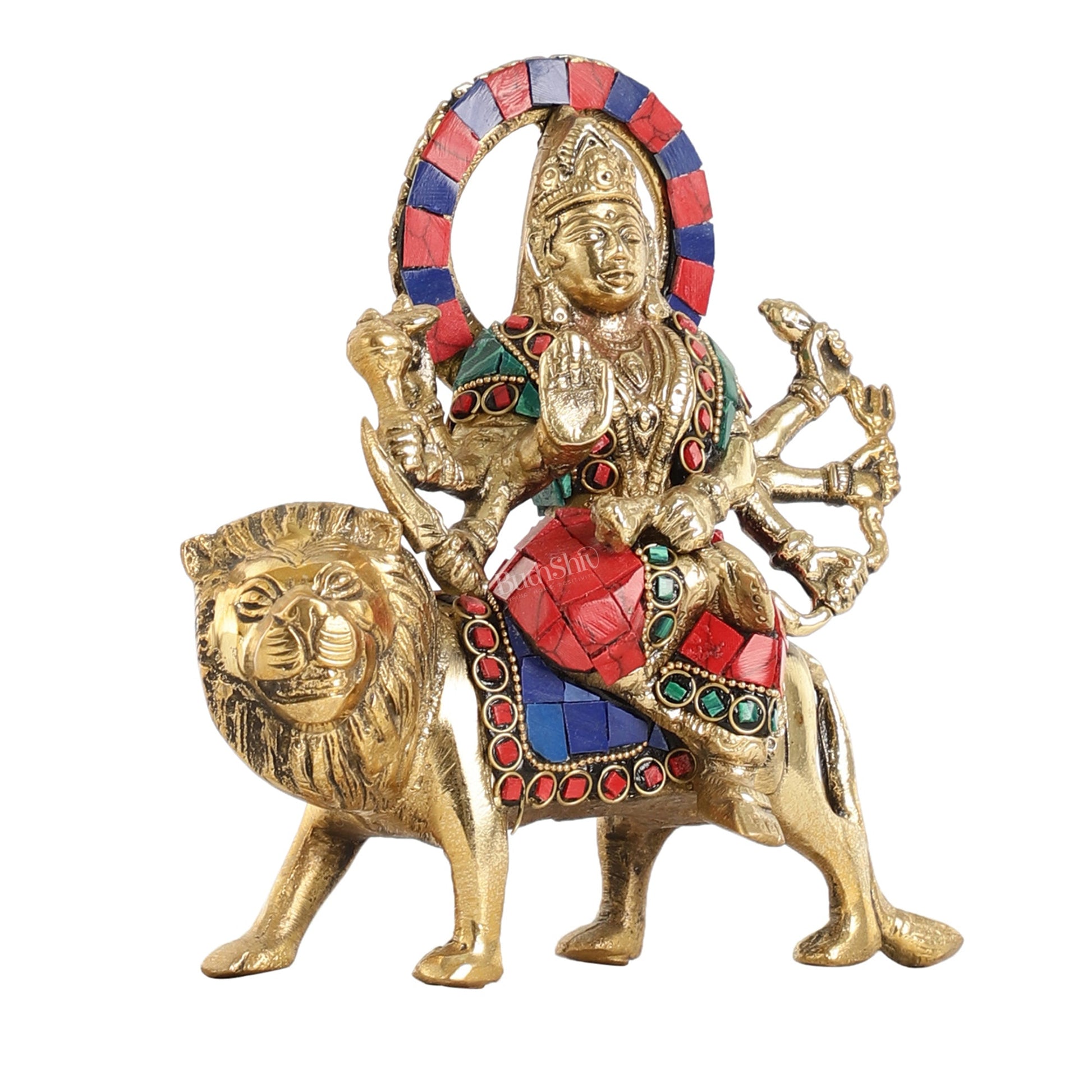 Goddess Durga brass idol with 8 arms sitting on lion with inlay stonework - Budhshiv.com