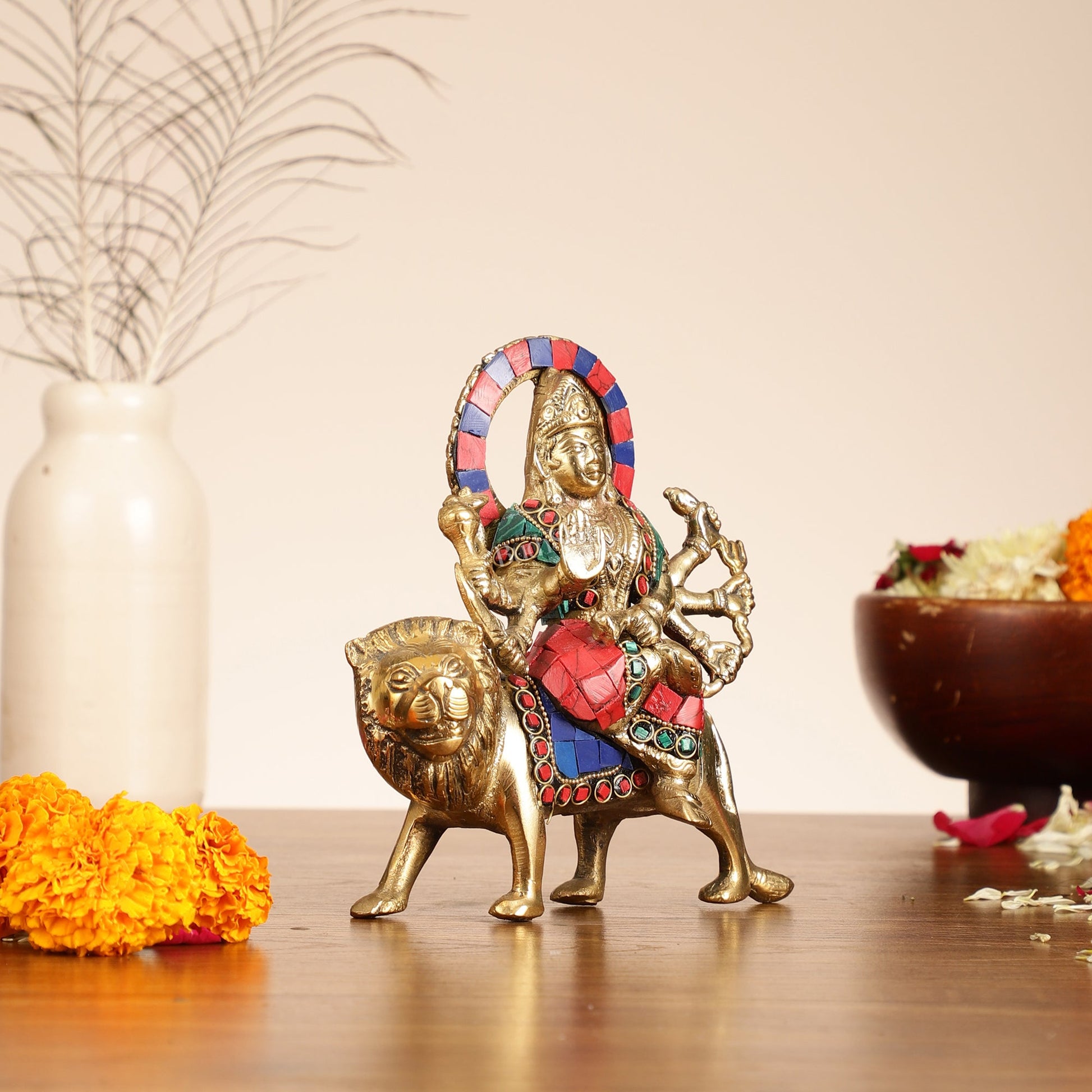 Goddess Durga brass idol with 8 arms sitting on lion with inlay stonework - Budhshiv.com