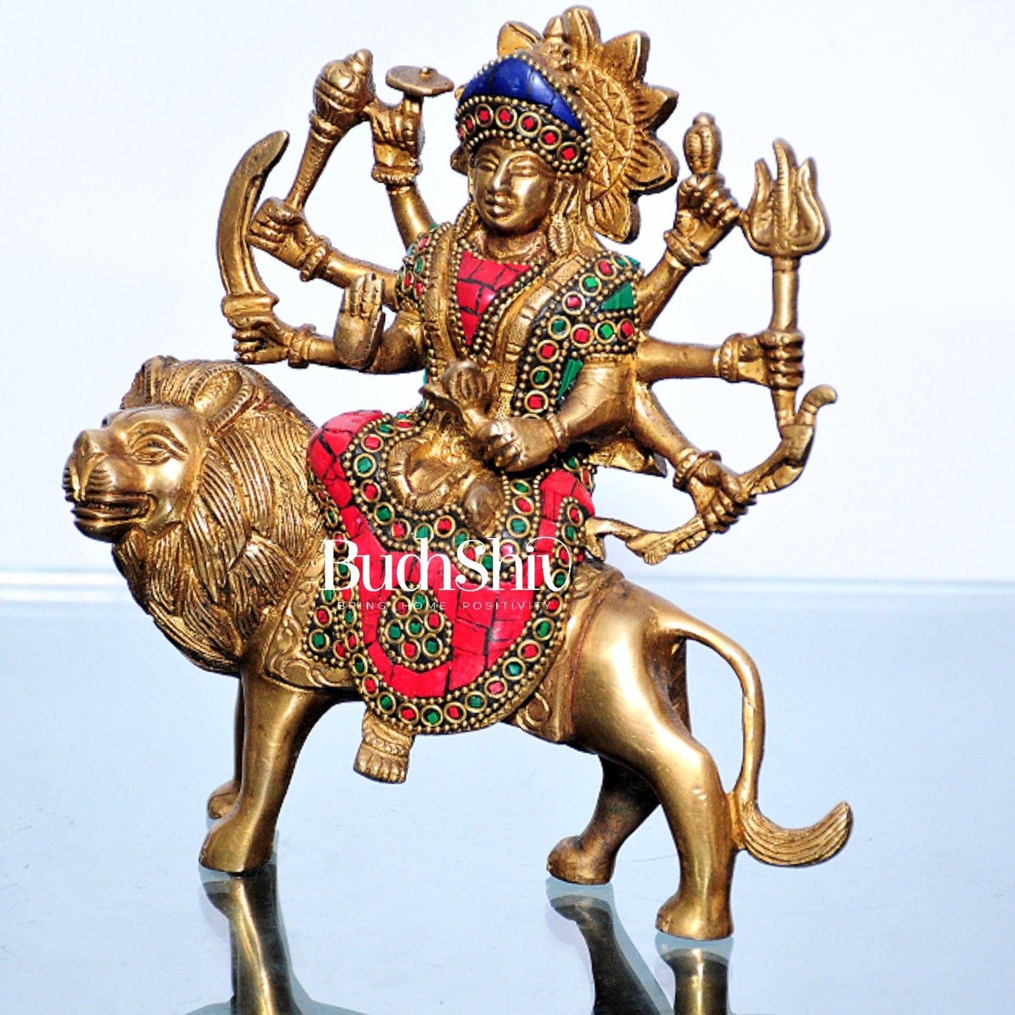 Goddess Durga brass idol with 8 arms sitting on lion with stonework 7.5 inches - Budhshiv.com