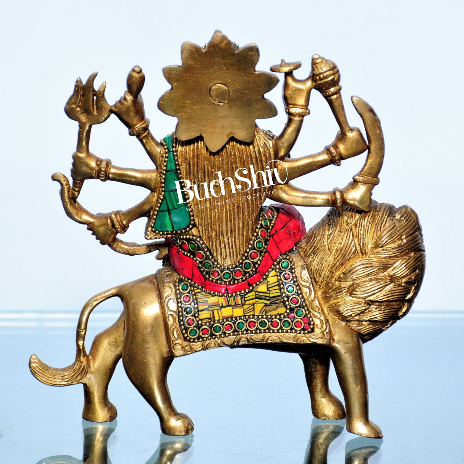 Goddess Durga brass idol with 8 arms sitting on lion with stonework 7.5 inches - Budhshiv.com